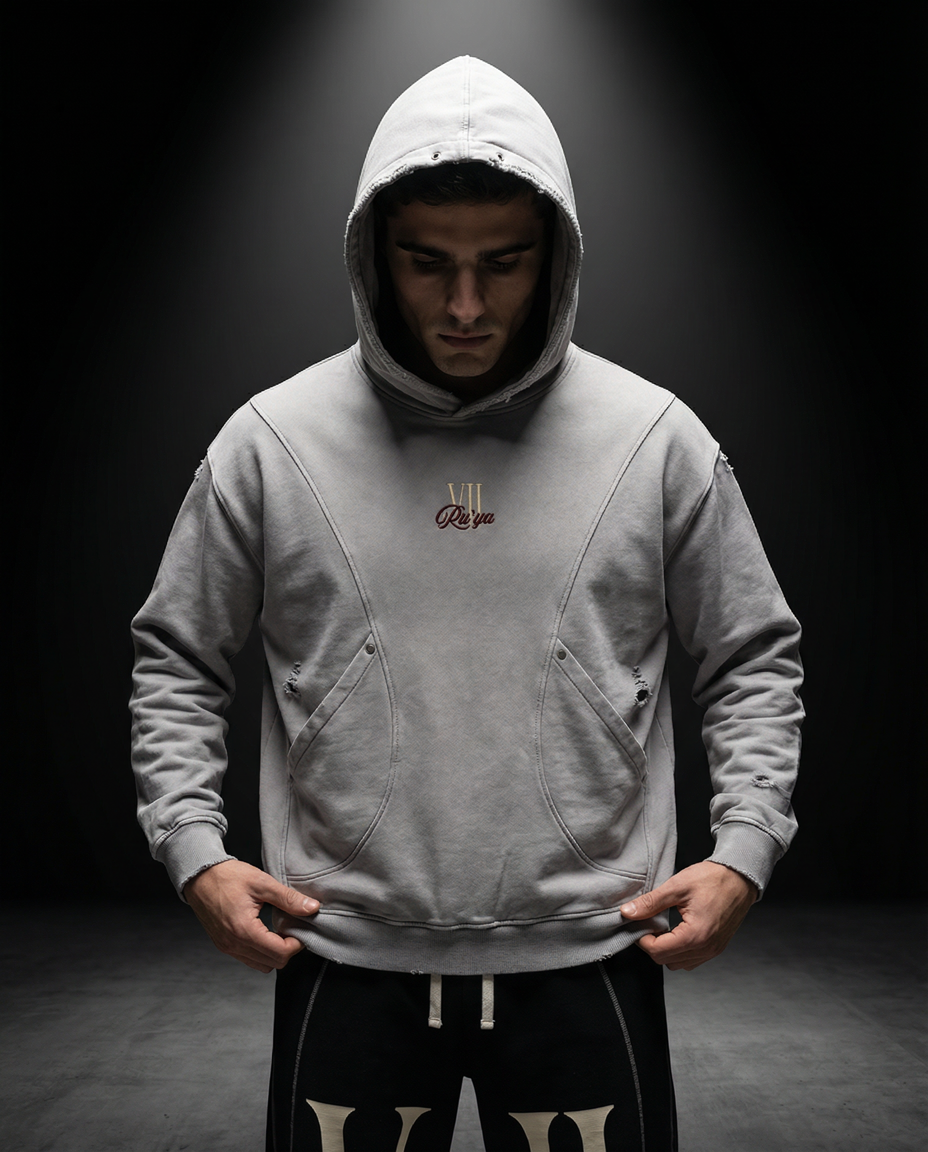 Snow Washed Distressed Panel Pocket Hoodie