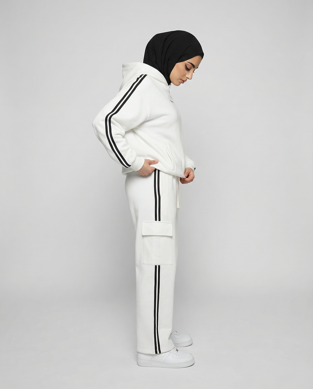 Side Stripe Drop White with Black Shoulder Hoodie